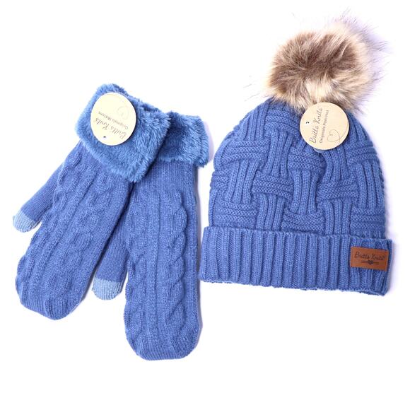 BRITT'S KNITS NEW Hat and Mitten Set Dusty Blue Sweater Knit OSFM - Picture 1 of 6